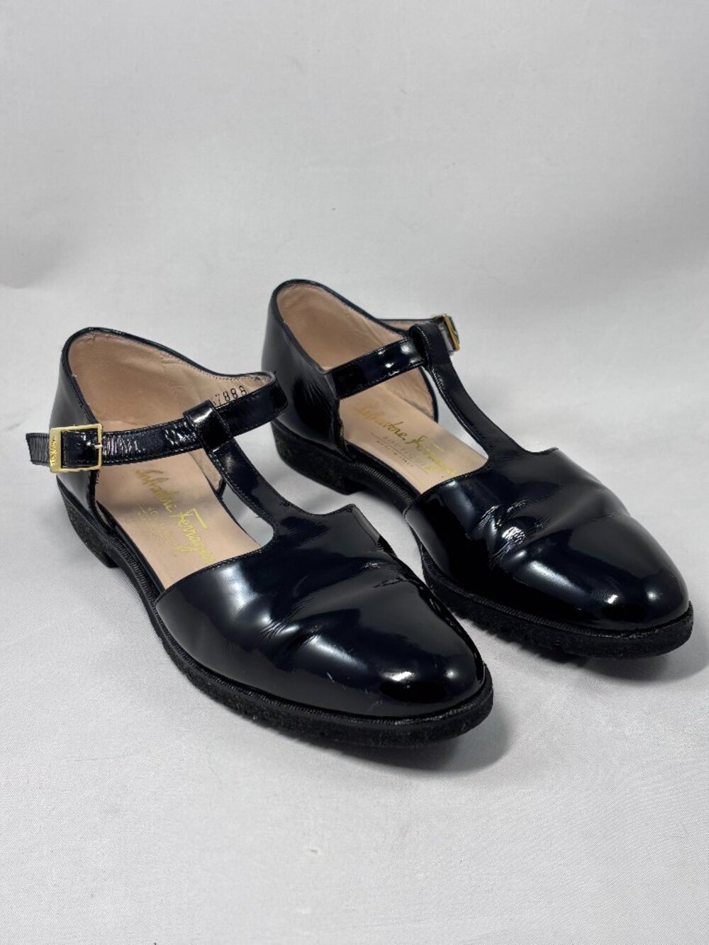 Ferragamo Vintage Black Patent T-Strap Mary Jane Flats Pristine Soles